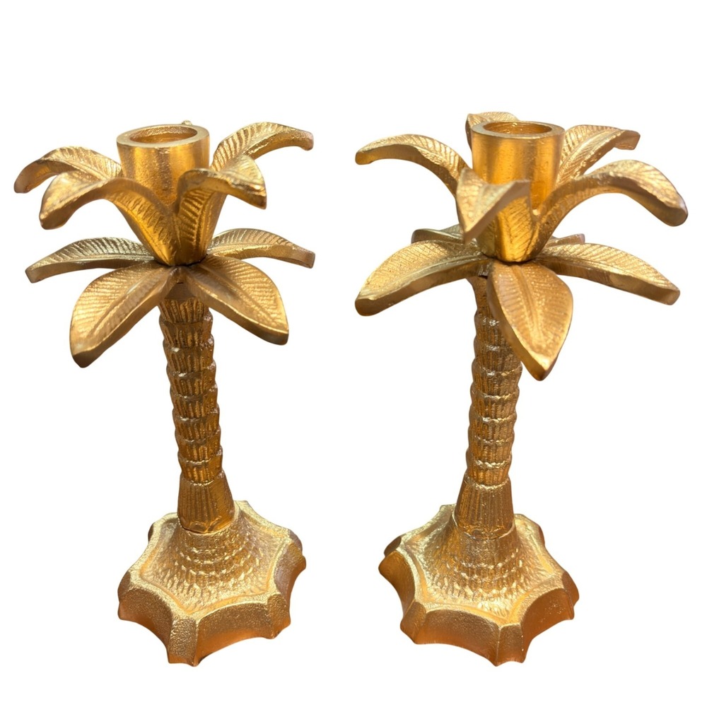 Gold Palm Tree Candle Holders Set 2 Metal Hollywood Regency Taper Candlestick 8" - Picture 3 of 9